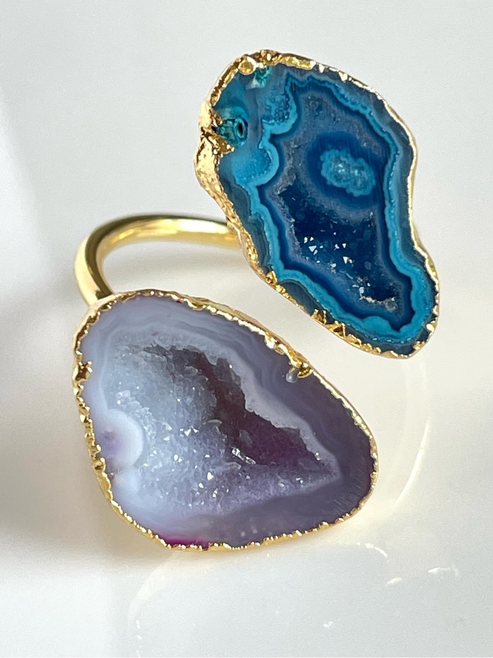 18K Gold Plated Gray Geode & Blue Agate Druzy Wrap Ring